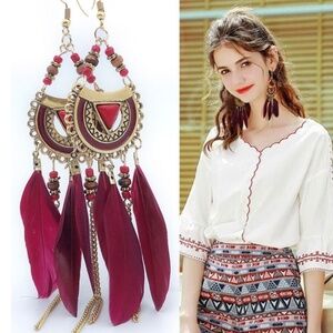 *NORMA* Red Gold Feather Tassel Fashion Earrings